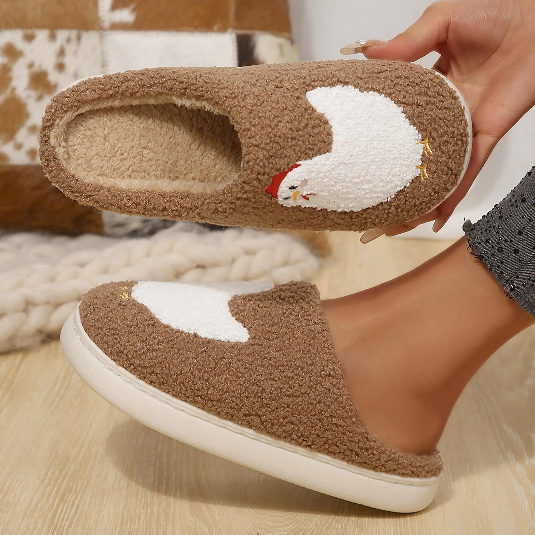 Cozy Fluffy Slippers for Women Chick Motif Indoor Comfortable Soft Warm Closed Toe Non-Slip House Shoes