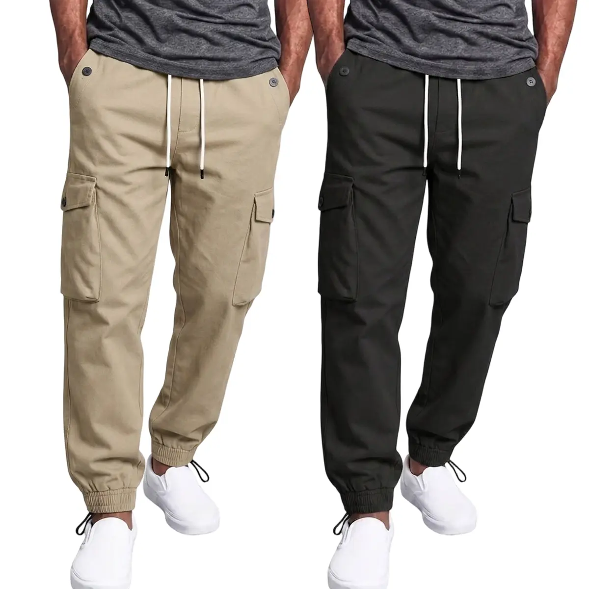 Men's 2-Pack Polyester Cargo Pants - Casual Athletic Joggers, Drawstring Sports Pants, Loose-Fit, Elastic Waist, Multiple Pockets, Black+Khaki, Sizes M/XXL, Machine Washable/Dry Clean