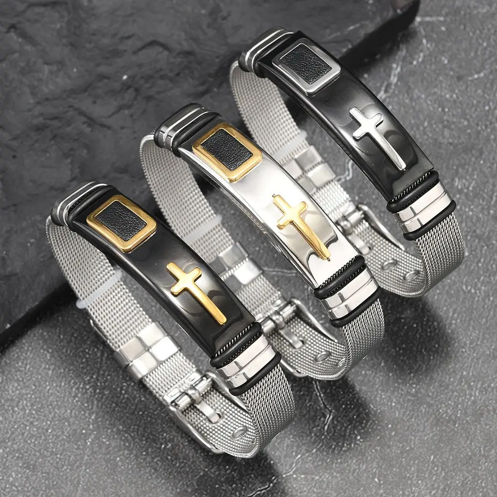 Unisex Cross Wristband in Stainless Steel, Modern Urban Mesh Band with Matte Black Finish, Adjustable, Anti-Tarnish & Breathable, Stainless Steel Wrist, 5-7Cm Diameter, Cross Accents, Comfortable, 6.5'' To 8.5'', Fashion, Casual Wear, Daily, Bangle, Cowor