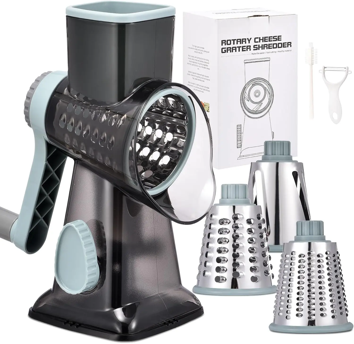 Rotary Cheese Grater with Handle Kitchen Shredder Slicer Grater Slicer Ice Shaver Cheese Vegetable Nuts Potato Zucchini Chocolate 3 Interchangeable Blades (GreyBlue