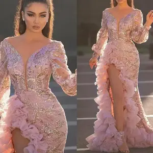 2025 autumn new women's sexy mesh trailing sequined slit pink evening dress Formal Womenswear wedding guest dresses indian love prom dress gold dress Workwear Long Sleeve Basic Minimalist