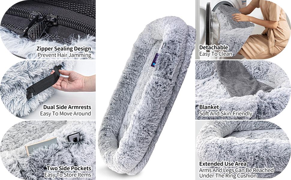 Human Dog Bed, Dog Bed Fits You & Pets, Adult and Pet Washable Giant People DogBed 10 CM Thick Memory Foam Large Oversize Dog Bed with Plump Pillow, Blanket, Strap - GreyWashable Faux Fur,Orthopedic, Plump Pillow, Blanket, Strap