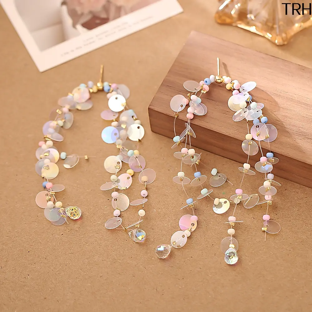 Dangle Earrings for Women, Holographic Sequin Tassel with Pastel Matte Mini Beads & Teardrop Crystal Pendants, Boho Lightweight Jewelry for Picnic Aesthetic Shooting, Beach, 1 Pair, Drop Earrings, Female, Invisible, Shimmer Brightly Under Sunlight, Thin I