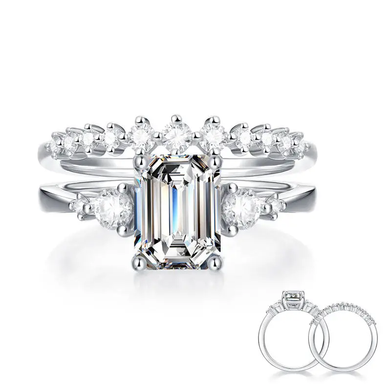 2 Carat Emerald Cut Moissanite Ring Set 925 Sterling Silver Bridal Ring Set