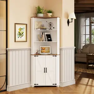 Tall Corner Cabinet with LED Light, Farmhouse Bathroom Cabinet with 2 Doors and 3 Tier Shelves, Free Standing Corner Storage Cabinet for Laundry Room, Living Room or Kitchen, Antique White Furniture Design