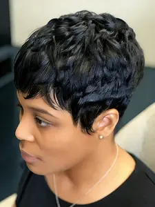 150% Denisty pixie cut human hair wigs for women short burgundy  natural black color straight layered pixie wig daily party cosplay use wig machine made