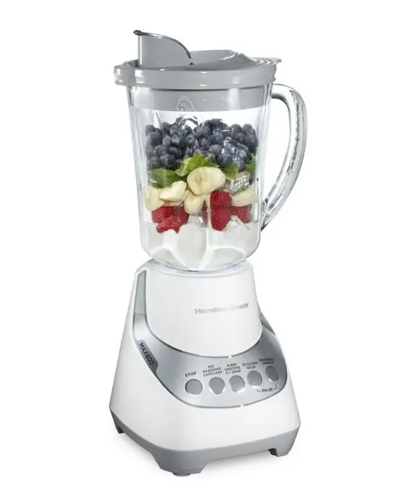 Hamilton Beach Quiet Glass Jar Blender, 48 oz. Jar, Stainless Steel Blade, High Speed, Great for Shakes and Smoothies, Ice Crusher, 12 Functions, White