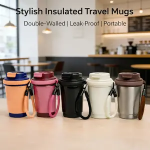 1pc 15 oz Stainless Steel Coffee Tumbler, Minimalist Insulated Portable Travel Coffee Cup with Carrying Strap, with Lid, Keep Hot 12H/Ice Drinks 24H, Great for Daily Coffee, Commuting and Travel, Unique Gift for Men and Women