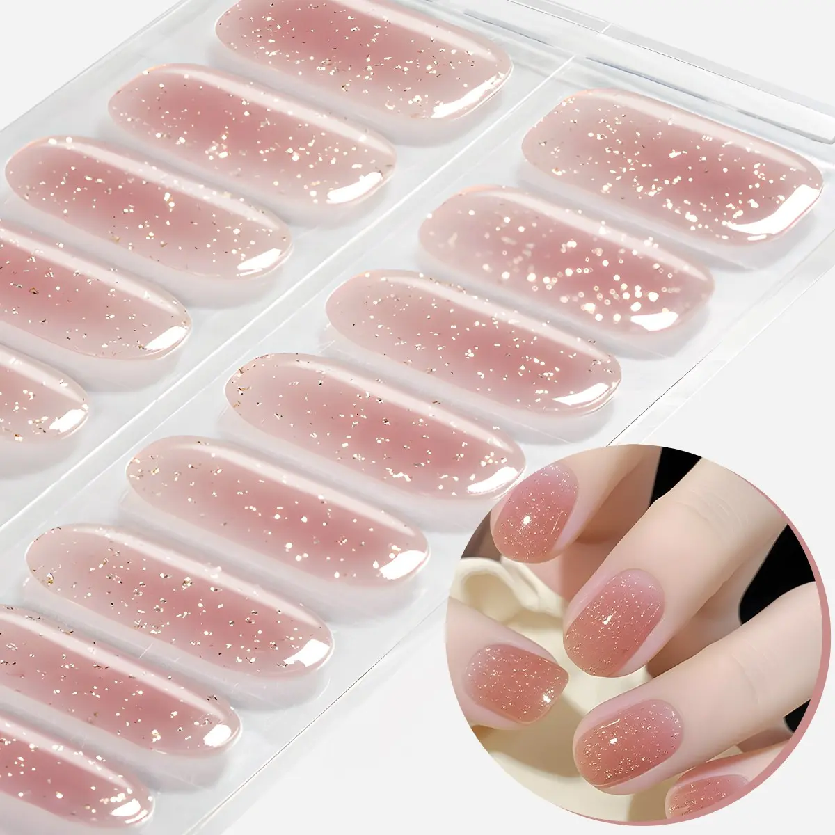 16 tips Semi Cure Gel Nail Strips, Pink Glitter Gradient Self-Adhesive Full Nail Wrap, Easy to Manicure, Salon Quality, Nail Stickers for Ladies Home DIY