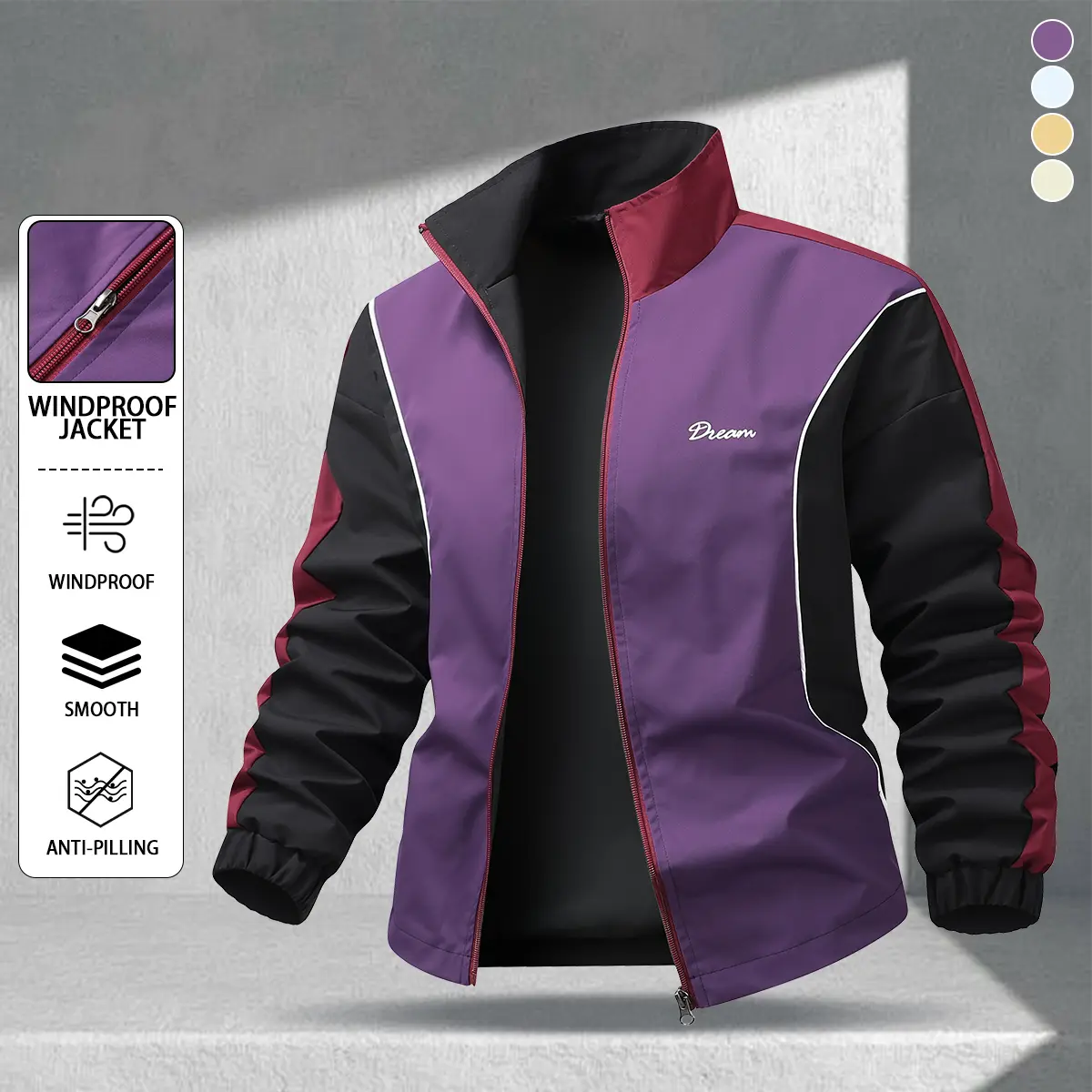 Men's purple-and-black color-block stand-collar windproof jacket with back print and elastic cuffs, available in multiple colors; casual zip-up outerwear