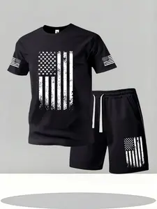 Men’s summer regular-fit cotton short-sleeve T-shirt and cotton shorts set featuring a patriotic flag print. Fashionable casual menswear for going out, with pockets and elastic drawstring waist shorts. Two-piece set suitable for running, golf, fishing, ba