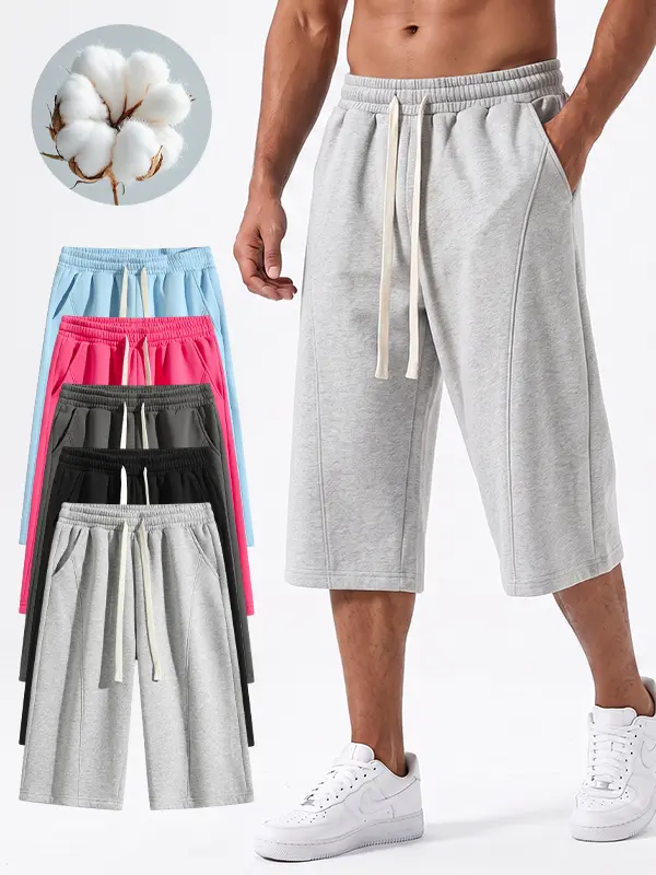 Men Relaxed Straight Fit Seven-Point Capri Pants, Stretch Wrinkle Resistant Lightweight Cropped Trousers with Deep Pockets, Drawstring Waist Casual Summer Pants for Daily Walking Street Outfits