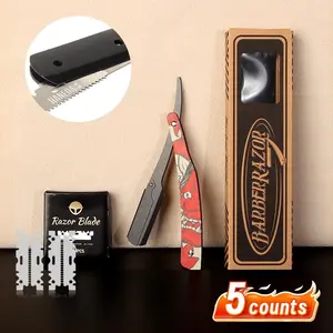 Men's Manual Razor Set, 1 Set Stainless Steel Razor with 1 Box Replacement Blade & 2 Counts Blade Protective Net, Professional Barber Tool