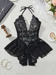 Women's Sexy Deep V Neck Strapless Bodysuit, Soft High Elastic Lace Floral Patchwork Teddy Onesie, Sheer Shapewear Sleepwear Gift womenswear lingerie set pj babydoll sneaky lingerie Elegant Vneck