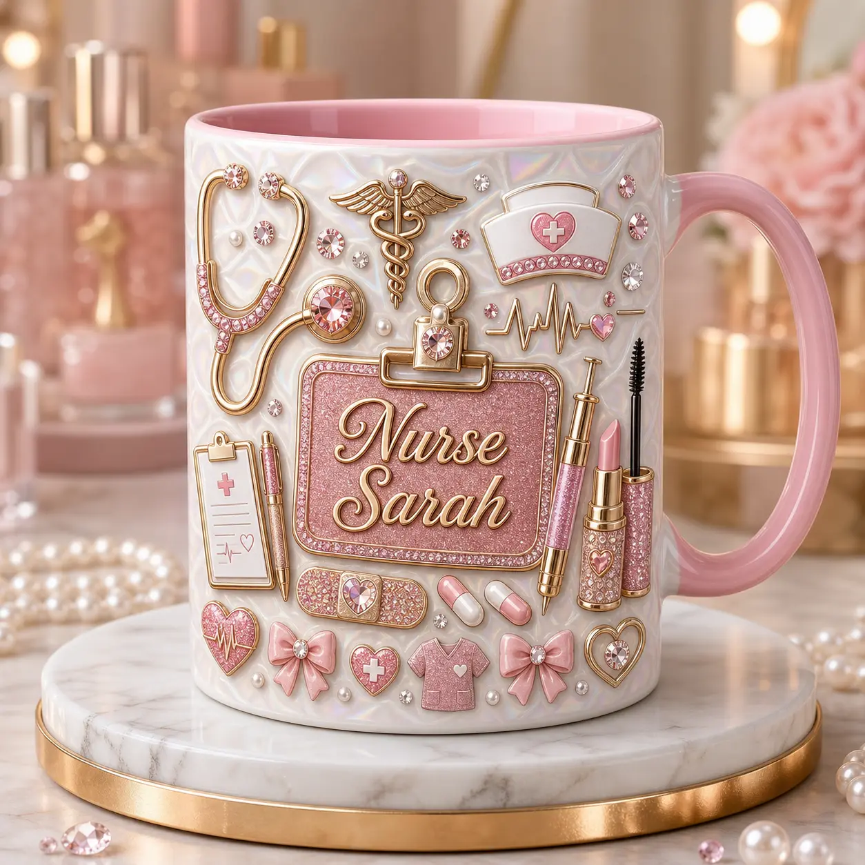 Personalized Nurse Mug 2D Printed 3D Effect, Custom Name Pink Ceramic Coffee Cup with Stethoscope Medical Tools Design, Gift for Nurse Women