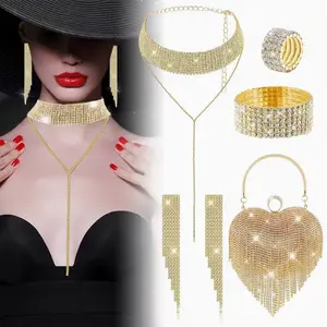 5pcs Sparkling Rhinestone Jewelry Set for Women - Elegant Heart Tassel Clutch Bag & Matching Necklace, Bracelet, Earrings & Ring - Wedding, Prom, Party, Luxury Costume for Christmas/Gala Events (Year-Round Wear)