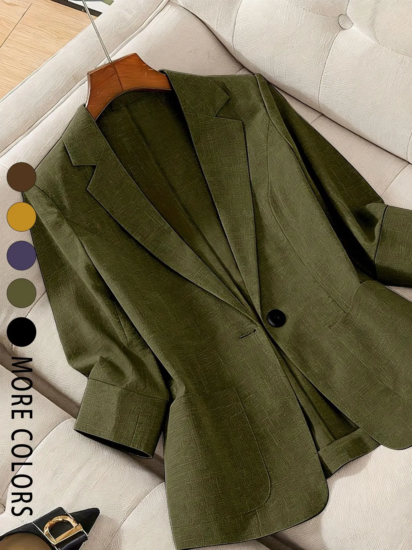 A women's solid color lapel single-breasted single-button mid-length sleeve double-pocket stylish Fitted blazer, suitable for spring and summer, appropriate for the workplace, office workwear, daily wear and interview outfits, Notched Lapel Blazer
