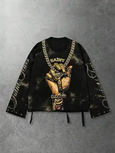 Men's Vintage Street Style Saint Graphic Print Long Sleeve Round Neck T-Shirt, Loose-Fitting Short Fit, Fall 2000s Fashion