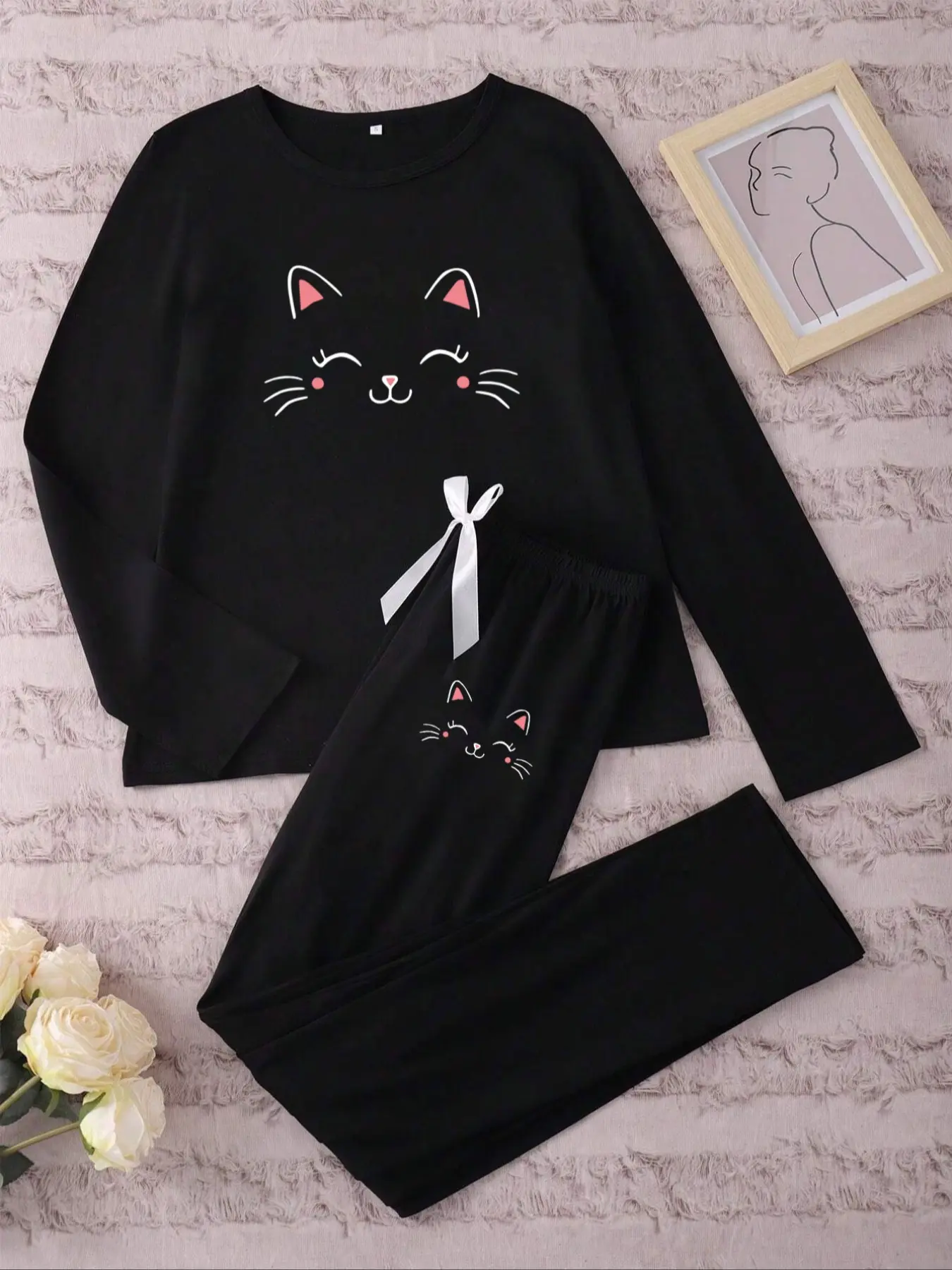 Women's Long Sleeve Knit Pajama Set Pjs Cartoon Cat Smiley Print, Casual Fitted Pajamas Sleepwear & Loungewear for Spring & Fall, Comfortable Kint Fabric Womenswear