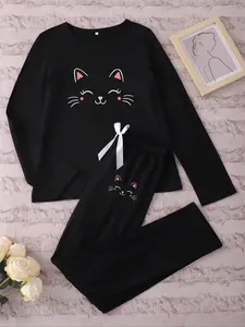 Women's Long Sleeve Knit Pajama Set Pjs Cartoon Cat Smiley Print, Casual Fitted Pajamas Sleepwear & Loungewear for Spring & Fall, Comfortable Kint Fabric Womenswear
