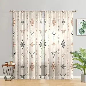 Bohemian Cow Head Bone Printed Curtains, Minimalist Geometric Pattern, Semi Sunshade Polyester Fiber, Easy Clean, Home Decoration Curtain, Home Decor