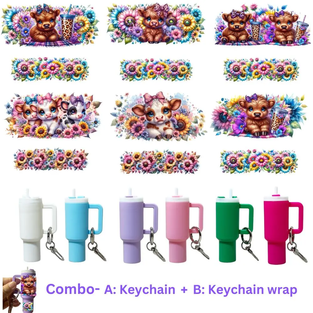 12-in-1 Creative Crafts Kit, 12pcs/set Including 6pcs Mini Tumbler Keychain & 6pcs UV DTF Cow Pattern Transfer Stickers, DIY Craft Toy for Holidays & Everyday Gifting