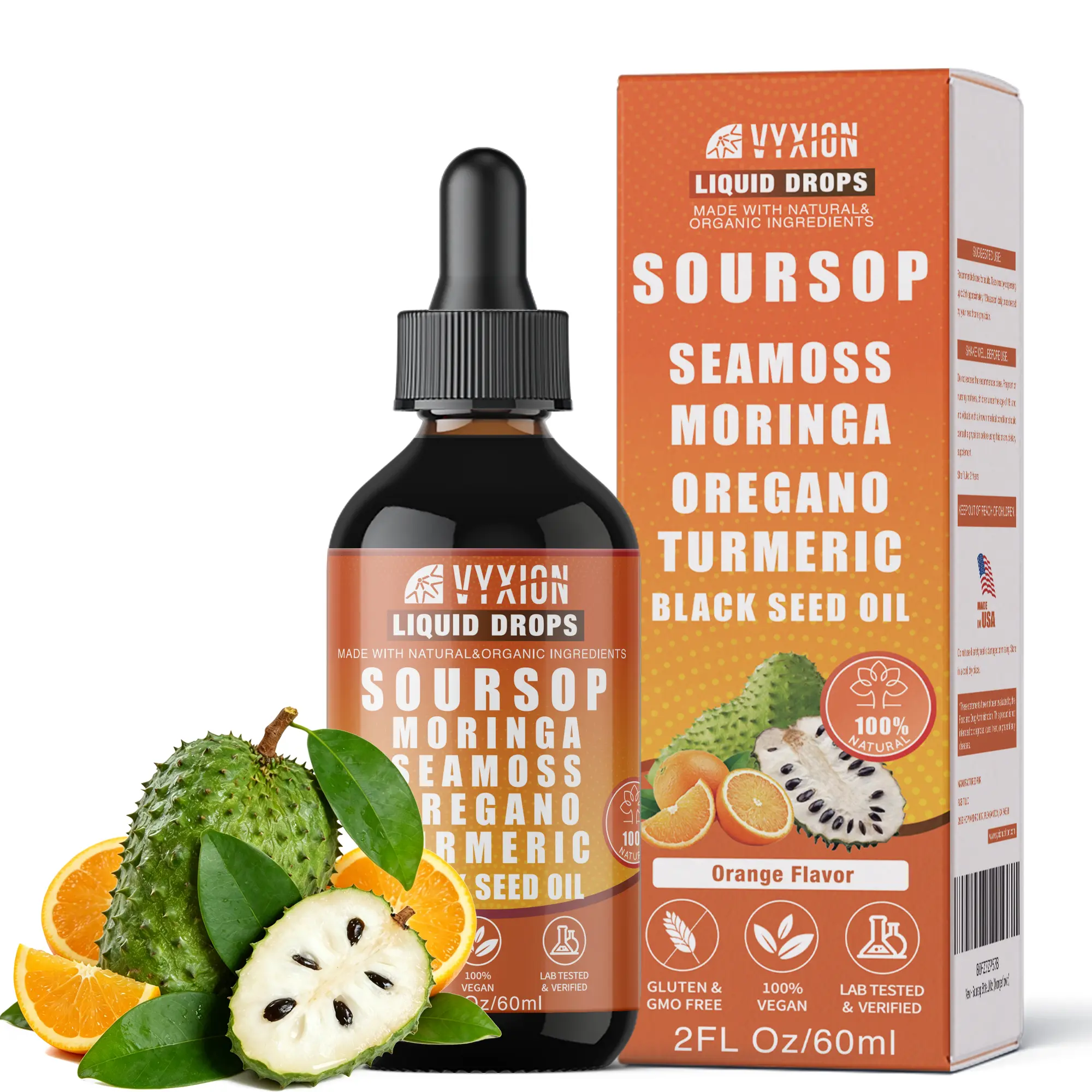 VYXION Orange Flavor Soursop Bitters Liquid Drops 10 in 1 with Sea Moss, Moringa, Turmeric, Black Seed Oil, Oregano, Ashwagandha | Herbal Extracts| 2 Fl OZ