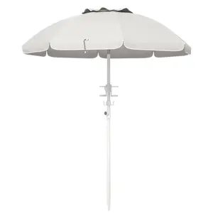Outsunny 5.7' Portable Beach Umbrella with Tilt, Adjustable Height, 2 Cup Holders & Hooks, UV 40+ Ruffled Outdoor Umbrella with Vented Canopy, Cream White