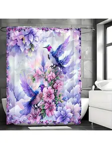 1pc Enchanting Purple Hummingbird Shower Curtain Set With Waterproof Floral Design, 12 Easy-Glide Hooks, For Elegant Bathroom Decor Fall Decor Bathroom Accessories Back To School
