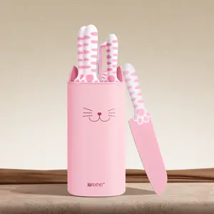 Meowkit 5PCs Pink Kitchen Knife Set – Cute Knives with Block and Scissors
