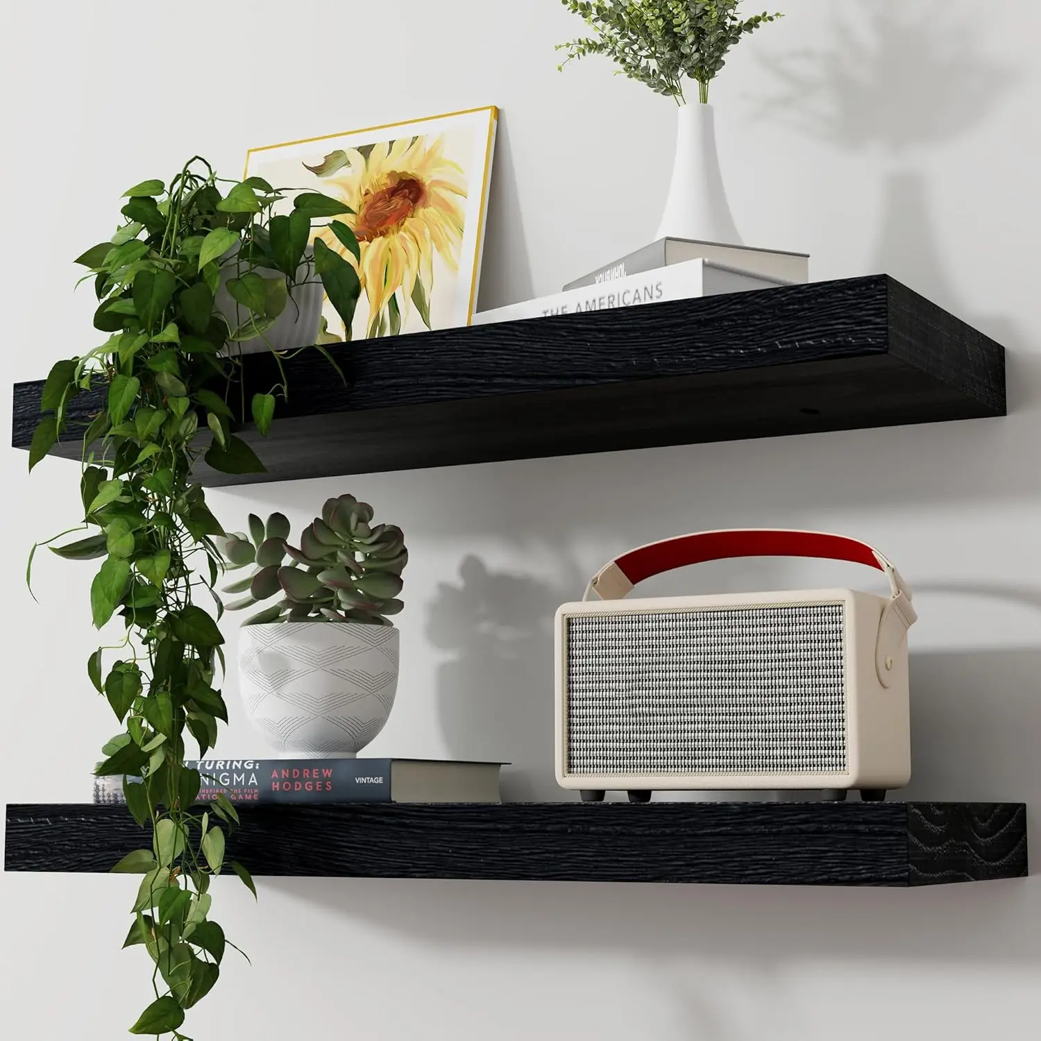 Floating Shelves, 2 Pack 8 Inch Deep Modern Solid  Wall Shelves for Storage, Wall Mounted Display Shelving with Invisible Heavy-Duty Metal Bracket, 24" W x 8" D x 1.6" H, Distressed Black