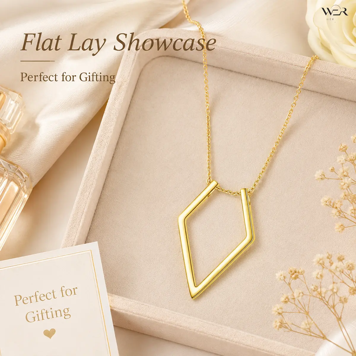 Geometric Hollow Diamond Pendant Necklace for Women, Elegant Minimalist Gold Aesthetic Jewelry with Adjustable 40+5 cm Chain, Contemporary, Soft, Feminine Vibe, Divine Feminine, One-Piece