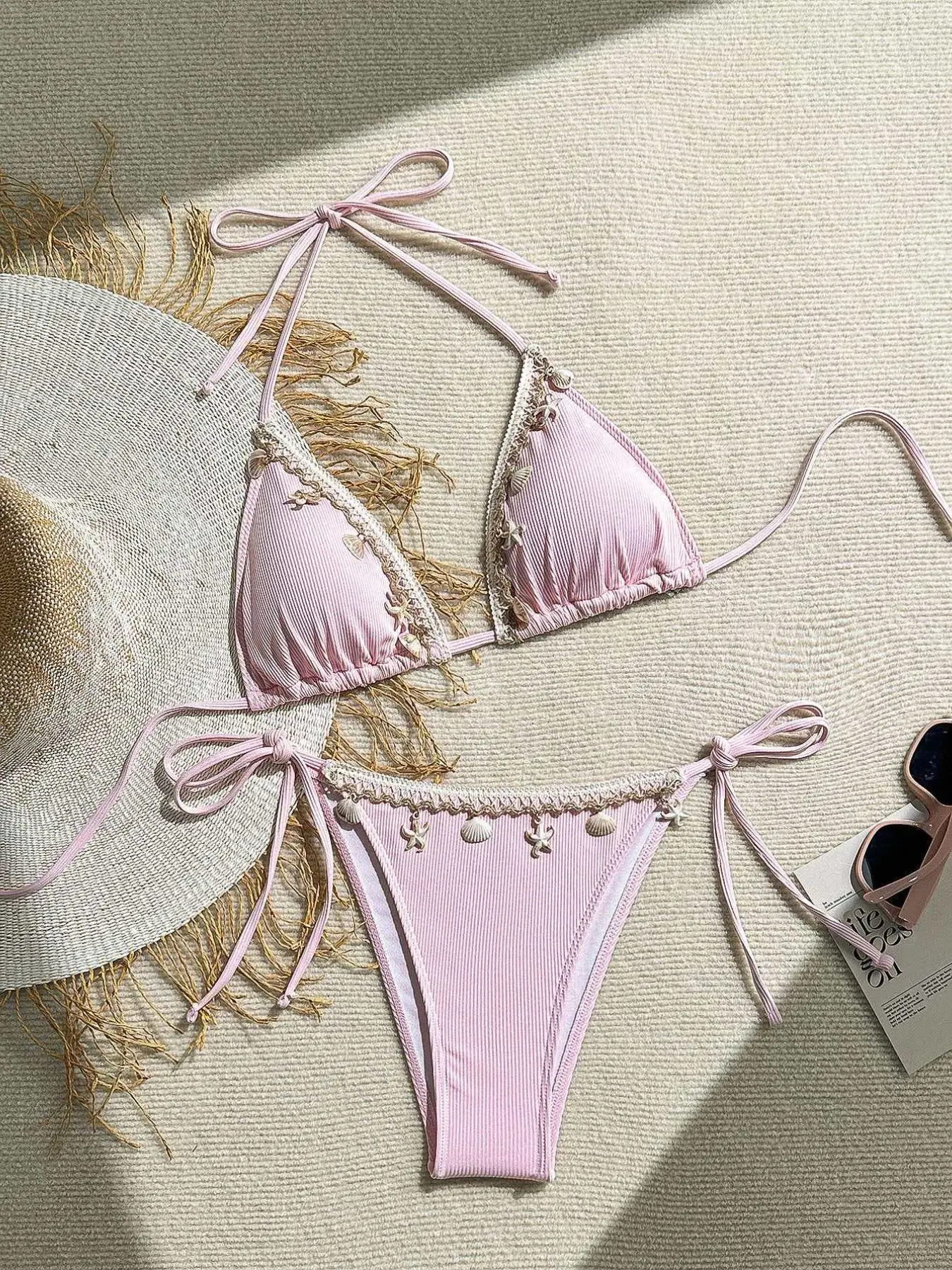 Women's Shell Beach Bikini Set, High Stretch Fabric, Includes Triangle Top and Side Tie Swim Pants, Ruched Bikini Set, Ruched Bikini Bottoms, Bikini Outfits, Swimsuit Set, Bikini Swimwear Set