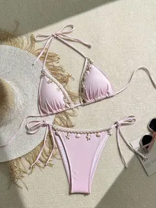 Women's Shell Beach Bikini Set, High Stretch Fabric, Includes Triangle Top and Side Tie Swim Pants, Ruched Bikini Set, Ruched Bikini Bottoms, Bikini Outfits, Swimsuit Set