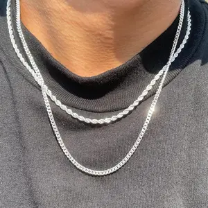 KOPERIN Trendy 2Pcs 3mm Chain Necklace for Men Layered Cuban Link Rope Necklaces Set Simple Jewelry Gift 18-28 Inches for Fashion