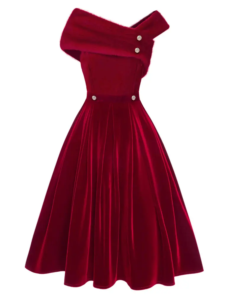 RETRO STAGE Women's 1950s Non-Stretch Velvet Off-Shoulder Knee-Length Formal Dress with Fur Buttons, Polyester, Zipper, Chic Fit for Evening Events, Parties, Formal Wear, Gowns, Chic Elegant Fit