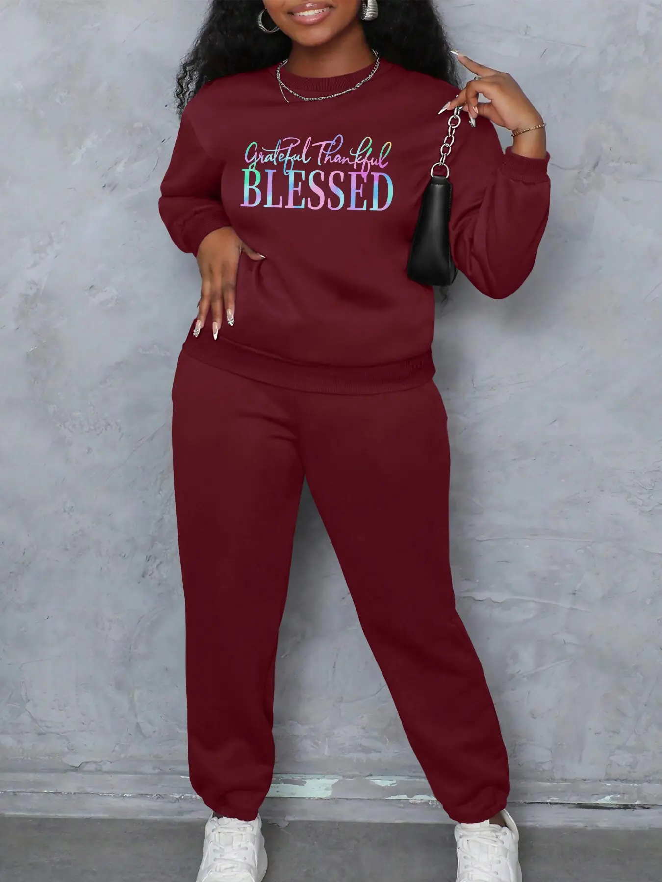 BLESSED Printed pattern Women's Casual Loose Fit Sporty Set, Round Neck Long Sleeve Pullover & Pants, Comfortable Daily Wear for Sports & Outdoor Activities