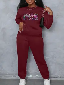 BLESSED Printed pattern Women's Casual Loose Fit Sporty Set, Round Neck Long Sleeve Pullover & Pants, Comfortable Daily Wear for Sports & Outdoor Activities