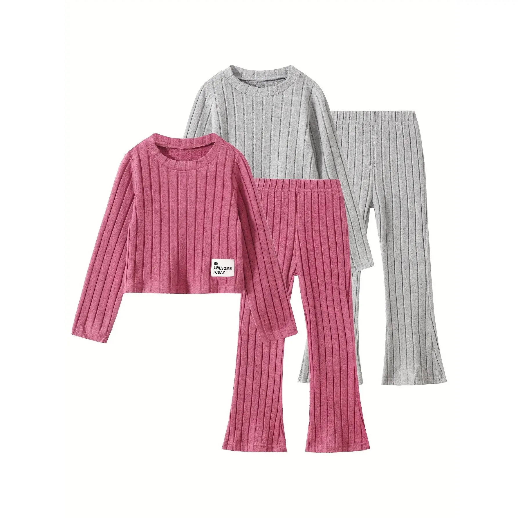 4-piece girl autumn and winter round neck fashion knitting suit children's casual solid color slim long-sleeved trousers suit