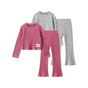 4-piece set, girls' autumn and winter solid color round neck girls' casual solid color long sleeved pants set