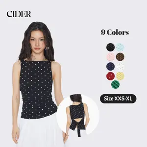 Cider Cotton-blend Boat Neck Knotted Polka Dot Ruched Tank Top SummerWins Dealsforyou