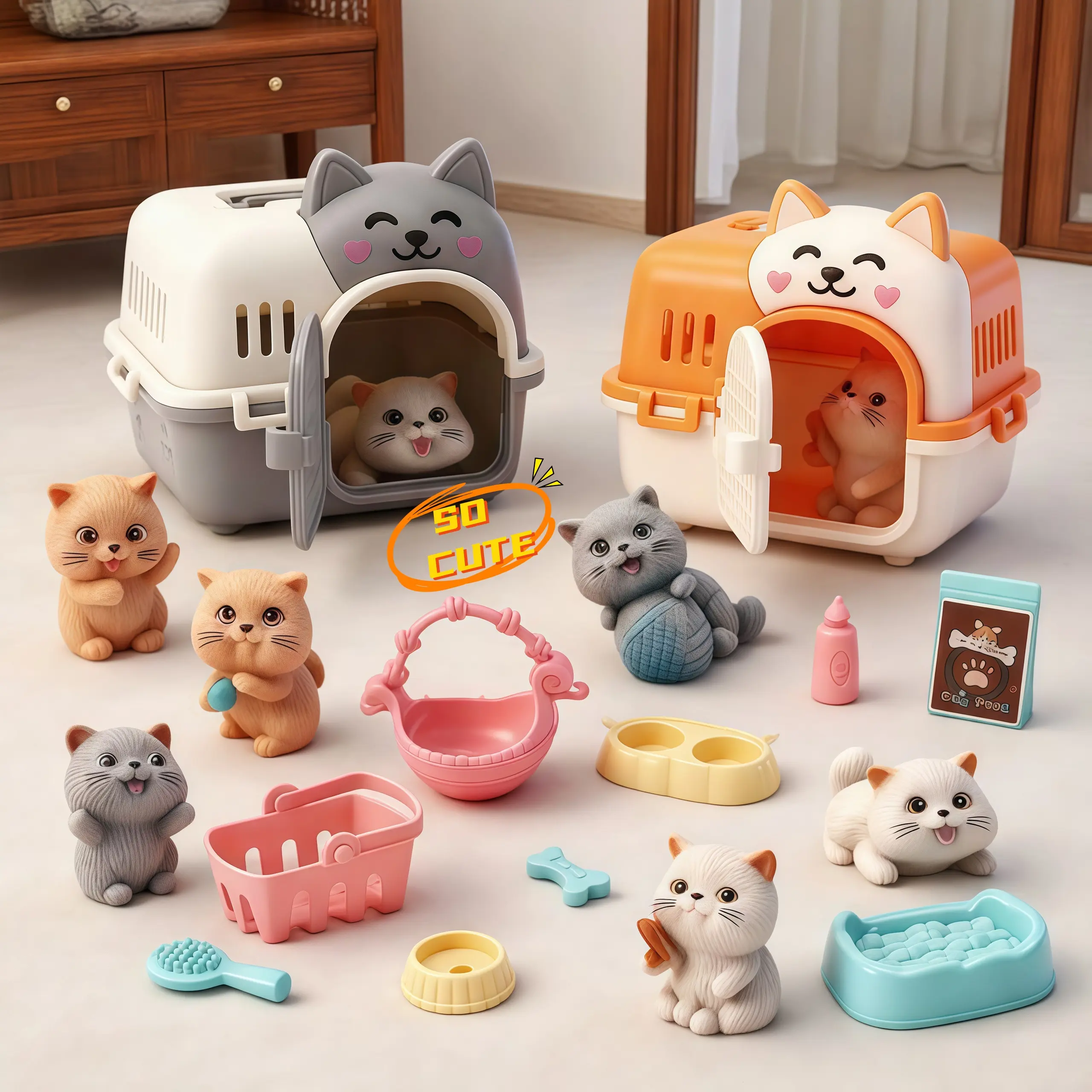 39-Piece Eco-Plastic Kitty Cleaning Playset Toy - Child-Sized Play Tools, Realistic Mini Pet Cat Scene, Handmade Storage Gift Box for Girls as Children's Day Present