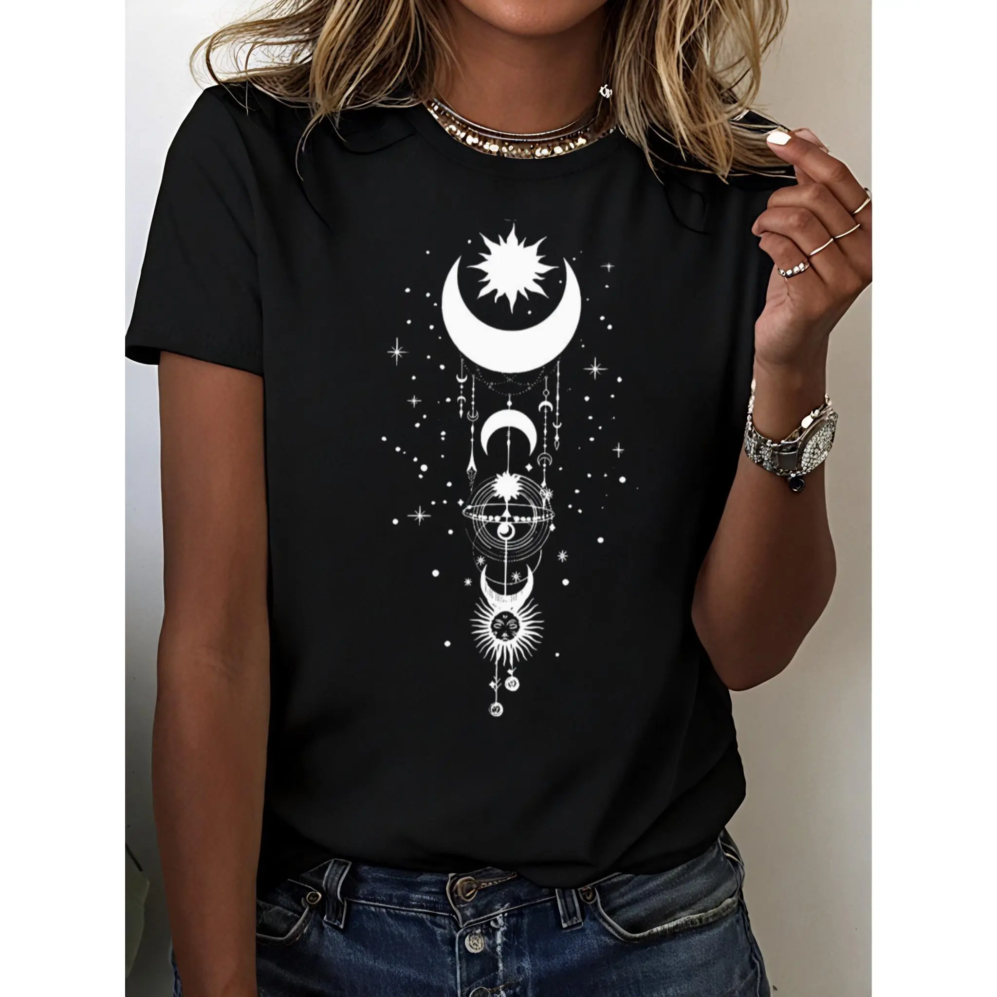 Women's 100% Cotton T-Shirt with a Celestial Sun and Moon Print, Casual Short-Sleeve Crew Neck Top for Summer Streetwear, Shortsleeve, Wedding, Thanksgiving, Easter, Fitted, Basics, Graphic, Figure, Round Neck, Valentines Day