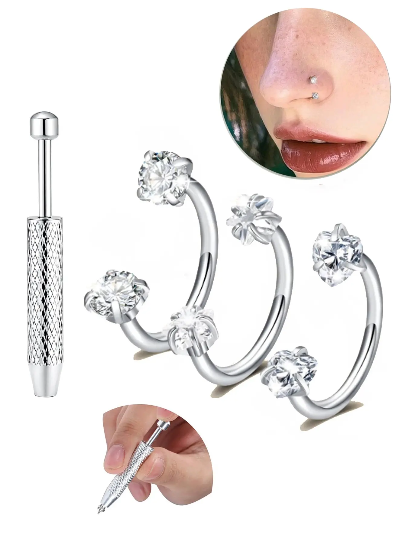 Horseshoe Nose Rings With Piercing Ball Grabber Tool, Heart Star CZ Internal Threaded Horseshoe Septum Ring Cartilage Tragus Earrings, Labret Lip Hoops Hypoallergenic Stainless Steel 18 gauge 8mm Body Piercing Jewelry, Body Jewellery