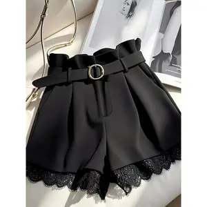 Elegant Patchwork Contrast Lace Shorts, Casual Style Fitted Natural Waist Pants, Button Fly Closure, Includes Belt, Women's Fashion