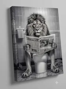 Funny Lion Bathroom Wall Art Canvas Poster - Black and White Lion on Toilet Print, Humorous Animal Decor for Washroom, Powder Room