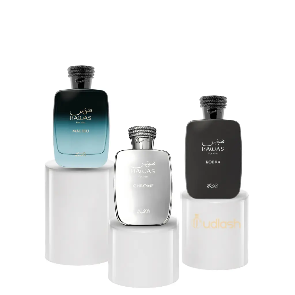 Oudlash Bundle | Rasasi | Hawas | Kobra + Malibu + Chrome | Men's Fragrance | 100 ML - 3.4 OZ | Eau De Parfum | Iris - Lavender & Citrus