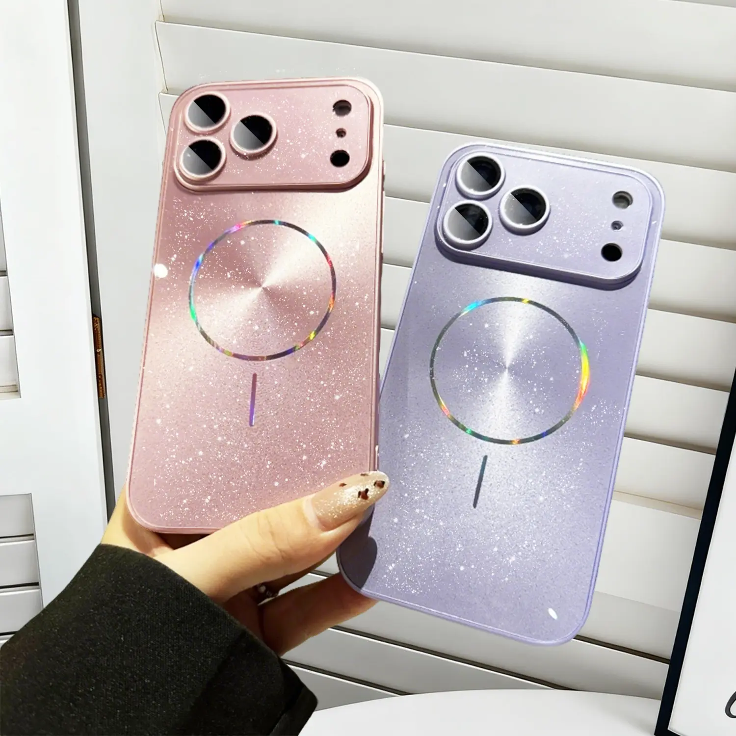 Glitter bling case for iPhone 13–17 Pro Max — full lens coverage, shockproof, dustproof, crystal aurora finish, magnetic wireless charging protector