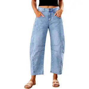 Barrel Jeans for Women Trendy High Waisted Wide Leg Baggy Cropped Relax Fit Stretch Denim Trouser Ankle Pants（gift）