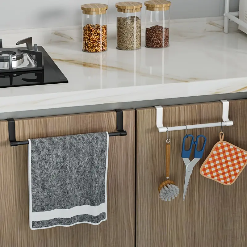 Stainless steel kitchen towel rack, 1-piece no-drill back-of-cabinet towel hanger, Hand Towel Holder, kitchen storage shelf, towel hook, household storage hook, convenient hanging rack, Modern Towel Hooks